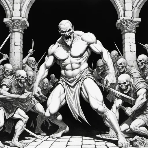 Prompt: Beautiful Black and White illustration from a Fighting Fantasy Book published in 1984, in a well drawn style, featuring a lifelike personification of greed of the seven deadlysins, the background is an ancient abbey, action shot, frenetic, dramatic viewpoint, Black Keylining using a brush on white paper, ink on paper, solid black shadows, classical drawing technique, clean, flat artwork, simple, amazing composition, high contrast, fluid linework, accomplished, movement in figure drawing, sketch, crosshatching, artistic flair, extremely talented, Vintage Sword and Sorcery Comic Book influence --ar 63:74 --style raw