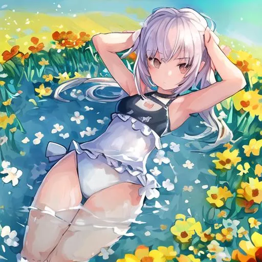 Prompt: A  girl with a 2 pice bathing suit on in the summer in a feild of flowers
