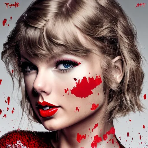 Prompt: generate me a Taylor Swift album cover concept with no words whatsoever on it as a redisign of her album cover for Red, which features a portrait of taylor in with a red lip, a red aesthetic true to her era of Red and Red (Taylor's Version). it must be highly realistic detailed, 4k HD , a detailed face with no words. it must include taylor's long golden hair. it CANNOT be black and white or gray