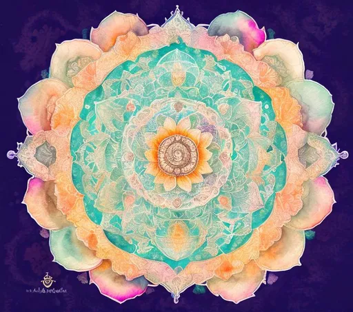 Prompt: vraja mandala map in watercolor paint style, gentle pastel colors, inlaid in petals of lotus, with kusum sarovar temple styles.