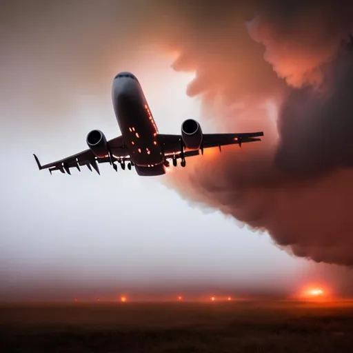 Prompt: Airplane about to go through a huge fog with fire in the background 