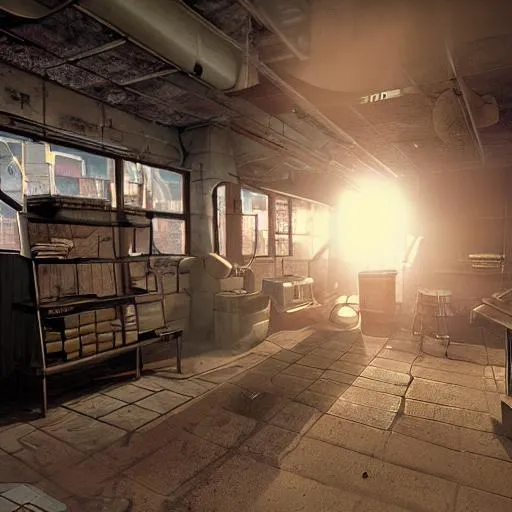 Prompt: telephoto lens, fallout concept art, ruined store interior, sun rays, unreal engine 5