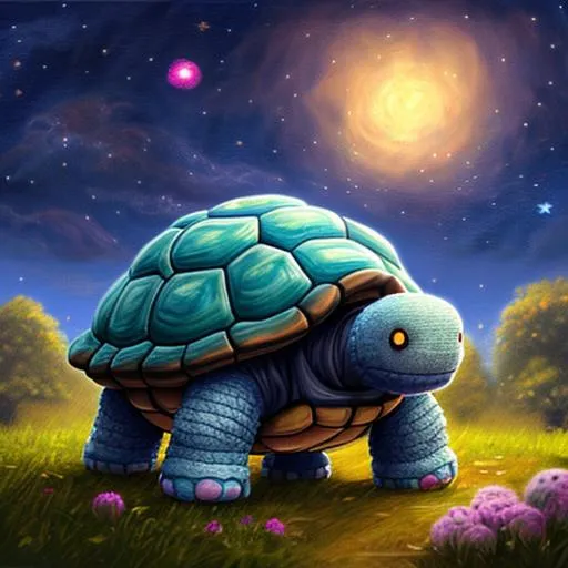 Prompt: Painting of {plush turtle golem construct} , four legged, full body, front, night sky, starry, starry night
