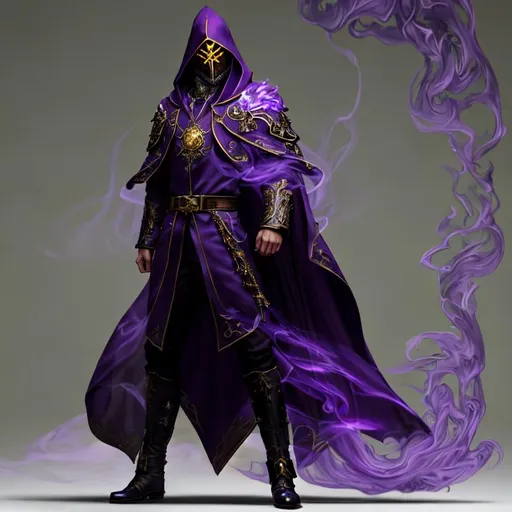 Prompt: high-quality high-detail highly-detailed breathtaking Villen ((by Aleksi Briclot and Stanley Artgerm Lau)) - ((a warlock)), hooded purple detailed warlock ornate robes casting smoke in hands, flying, smoke in feets, glowing, highly detailed vintage brass mime mask, add some purple smoke in his hands, glowing chest emblem , smooth detailed shoulder plates, detailed ivory, full body, fantasy robes,, wearing mime mask, 8k,  full form, detailed library setting, full form, epic, 8k HD, ice, sharp focus, ultra realistic clarity. Hyper realistic, realistic, close to perfection, high quality cell shaded illustration, ((full body)), dynamic pose, perfect anatomy, centered, freedom, soul, approach to perfection, cell shading, 8k , cinematic dramatic atmosphere, watercolor painting, global illumination, detailed and intricate environment, artstation, concept art, fluid and sharp focus, volumetric lighting, cinematic lighting, 
