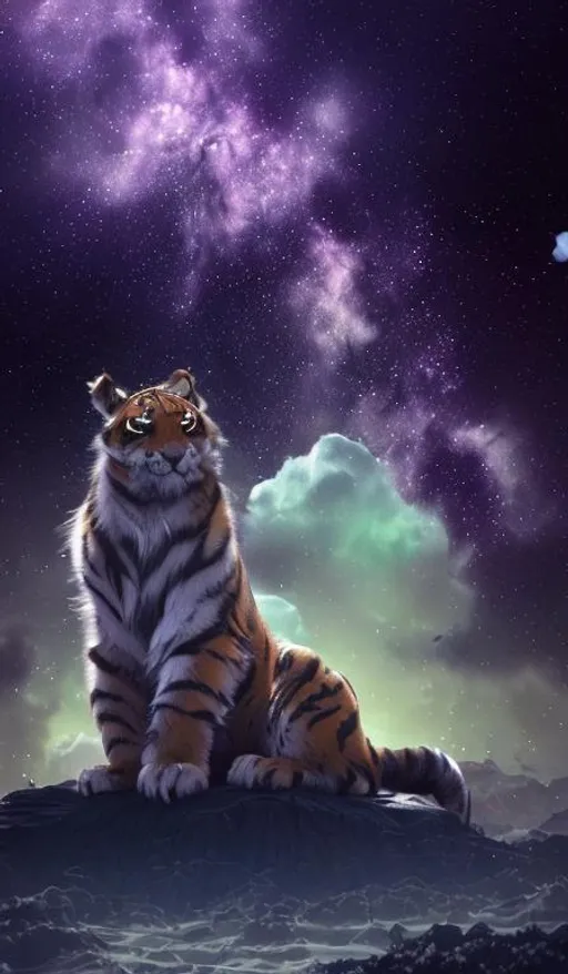 Prompt: character concept art | cute | male | anthropomorphic | fluffy | tiger | furry | fine face| purple eyes | pretty face | key visual | fine details | starry sky | watching stars