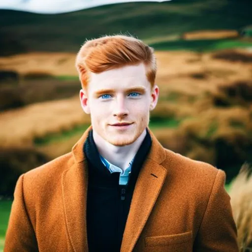 Prompt:  Young men, ginger hair and blue eyes
scotland landscape