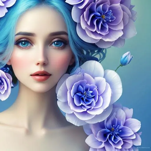 Prompt: beautiful woman, ethereal,dreamscape,, pale blue colors, flowers, closeup