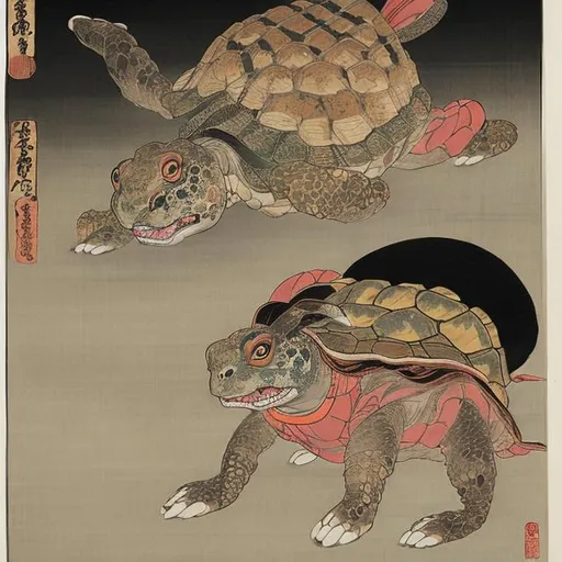 Prompt: "Hare and Tortoise as Yōkai, Japanese painting, 1800"