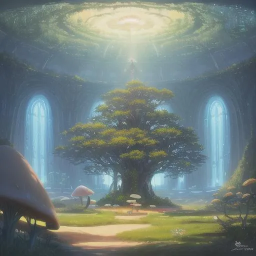 Prompt: Full-body detailed masterpiece, fantasy, high-res, quality upscaled image, perfect composition, 18k composition, 16k, 2D image, cell-shaded, anamorphic tree, mushroom kingdom, dune, sandwell, sci-fi living building, 