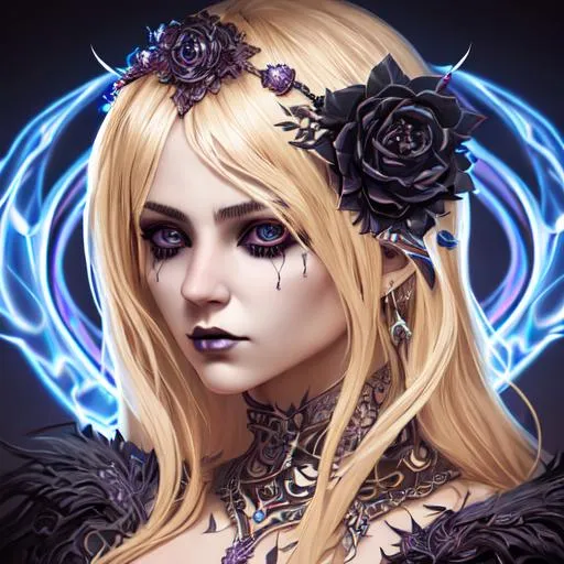 Prompt: Electric goddess of darkness, digital painting, highly-detailed symmetric face, cinematic dark cold color palette, spotlight,perfect composition, blonde, hyperrealistic, super detailed, 8k, high quality, sharp focus,intricate details, highly detailed, dynamic lighting, detailed and intricate environment,