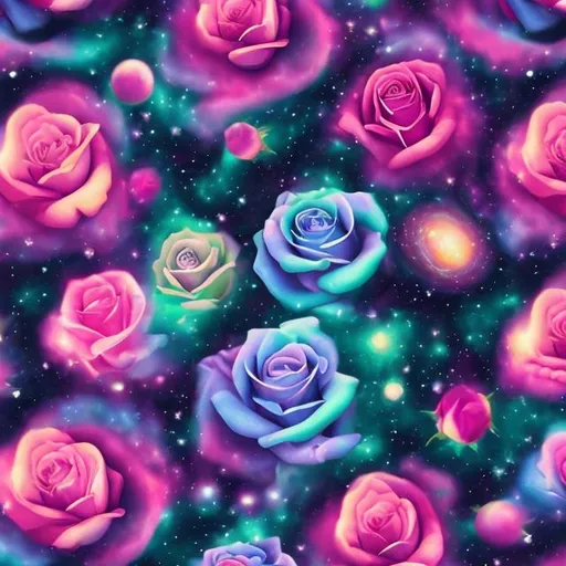 Prompt: Moody roses in outer space in the style of Lisa frank