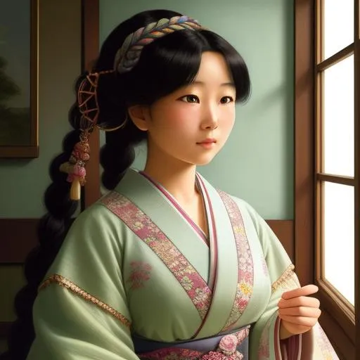 Prompt: In this hyperrealistic pastel painting, a gorgeous Japanese woman with braided hair and a stunning body, aged 23, is depicted living in a miniature Edwardian dollhouse. The level of detail in the painting is extraordinary, with every texture and pattern rendered in hyperrealistic fashion. The woman is not a doll, but a living being, and is depicted in intricate clothing and accessories that match the style of the dollhouse. The furniture is also miniature and hyperrealistic, with every surface and texture captured in vivid detail. The pastel colors of the painting give the scene a dreamlike quality, as if the viewer is peering into a fantastical miniature world. The use of Unity 3D and Unreal Engine 5 would allow for an even more immersive and interactive experience of this hyperrealistic dollhouse world.