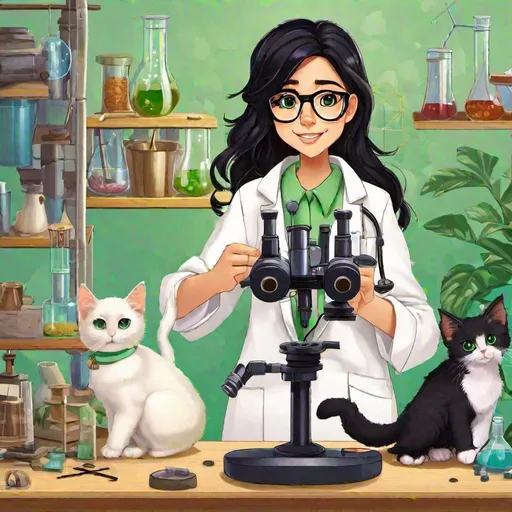 Prompt: A tomboy who likes science and animals. She has long black hair and brown eyes. She wears glasses, a white lab coat, a green shirt, a black skirt and black shoes. She holds a microscope in one hand and a kitten in the other. She smiles gently and looks curious.