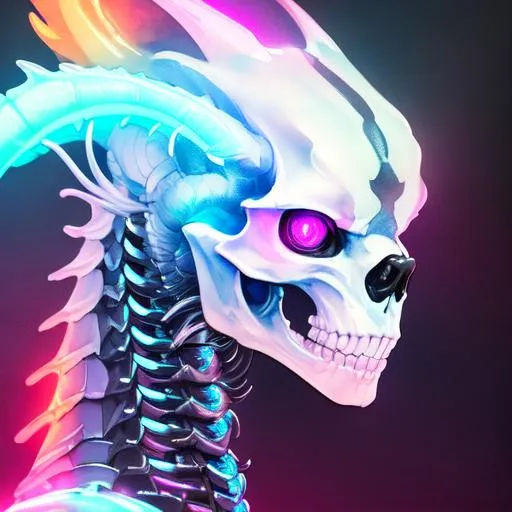 Prompt: Watercolor portrait of a roaring neon skeleton dragon with iridescent black markings and a cute face, perfect composition, hyperrealistic, super detailed, 8k, high quality, trending art, trending on artstation, sharp focus, studio photo, intricate details, highly detailed, by greg rutkowski, illustration, watercolor