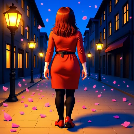 Prompt: 

in this illustration is this woman,dressed in red, long sleeve leotards and red mary jane shoes is walking away