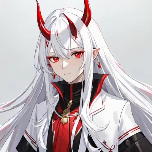 Prompt: Zerif 1male (Red side-swept hair covering his right eye) holding Zaley {white hair, female, white demon horns, 10 years old}, UHD, 8K, highly detailed