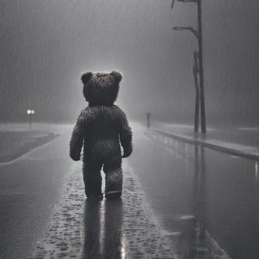 Prompt: sad humanlike teddybear walking alone in the rain, grey background
