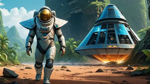 Prompt: a sole survivor cone-headed male annunaki explorer allalu wearing a fish-scale-space-suit walks toward camera away from a heavily-damaged-crashed-spaceship in the background, stranded all alone, lush jungle landscape