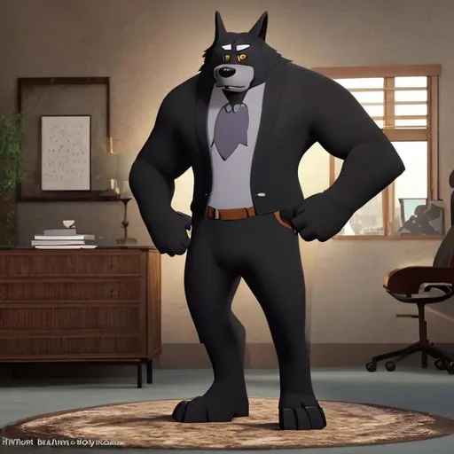 Prompt: Linnux the big buff anthro wolf is wearing black business suit on "Rock dog style"