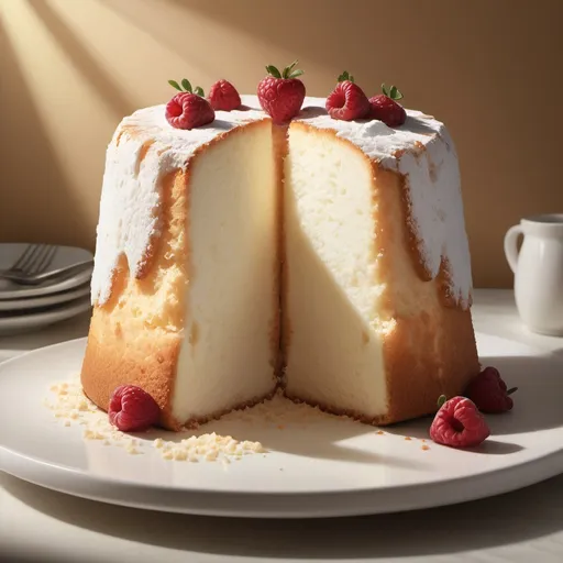 Prompt: Hyperrealistic advertising illustration of a tall, fluffy slice of angel food cake, Nuoar-style, professional lighting, high resolution, warm tones, mouthwatering, detailed texture, inviting composition, tantalizing presentation, realistic shadows, inviting aroma, perfect lighting, delicious, professional quality, highres, warm tones, detailed, mouthwatering, Nuoar-style, realistic shadows, inviting