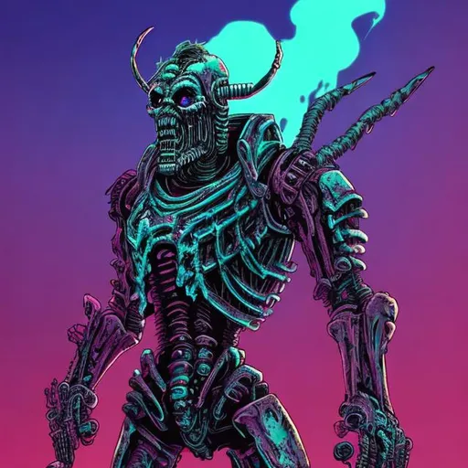 Prompt: Synthwave draugr. Viking robot undead warrior. Cybernetic Zombie Fighter.