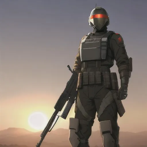 Prompt: Fading suns hawkhood male soldier He wears a full helmet. He helds a rifle. In background a military checkpoint. Scifi soldiers. Technofantasy. RPG art. Fading suns art. Scifi art. japanese soldier. 2d. 2d art.