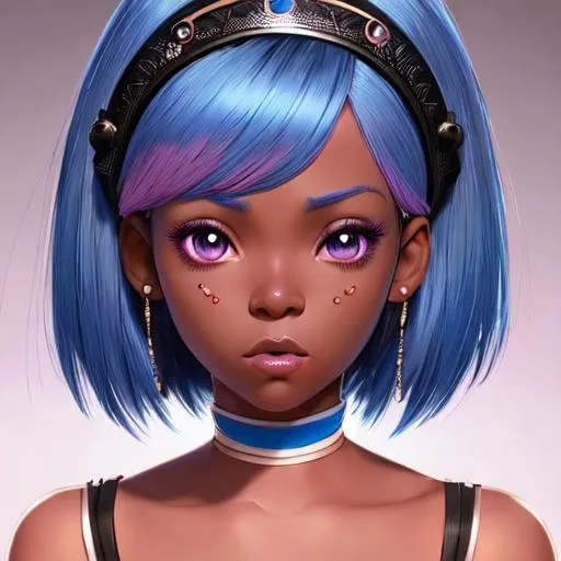 Prompt: Gorgeous Girl, black skin, Blue Hair, Bangs, Hairband, Pink Hair Pins, Extremely Detailed, Sharp, Masterpiece, Skinny, Character Portrait, Looking At Camera, Symmetrical, Soft Lighting, Cute Big Circular Reflective Eyes, Pixar Render, Unreal Engine Cinematic Smooth, Intricate Detail, anime Character Design, Unreal Engine, Vintage Photography, Beautiful, Tumblr Aesthetic, Retro Vintage Style, Hd Photography, Hyperrealism, Beautiful Watercolor Painting, Realistic, Detailed, Painting By Olga Shvartsur, Svetlana Novikova, Fine Art, Soft Watercolor