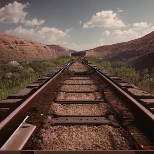 Prompt: railroad track with nuke crater

