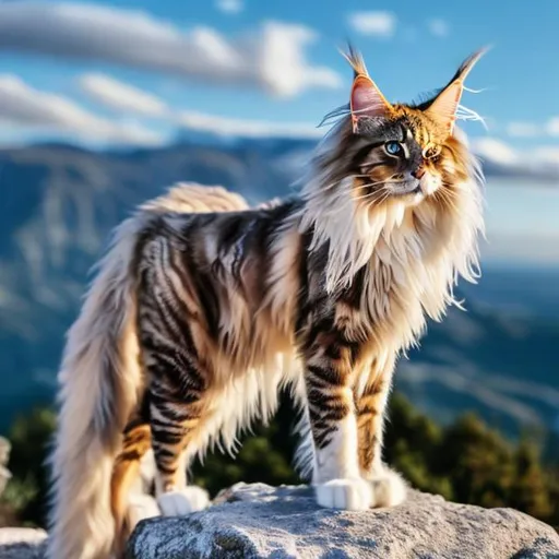 Prompt: a Maine coon with white fur, blue eyes, long tall, standing up on a moutain with wind blowing her. 