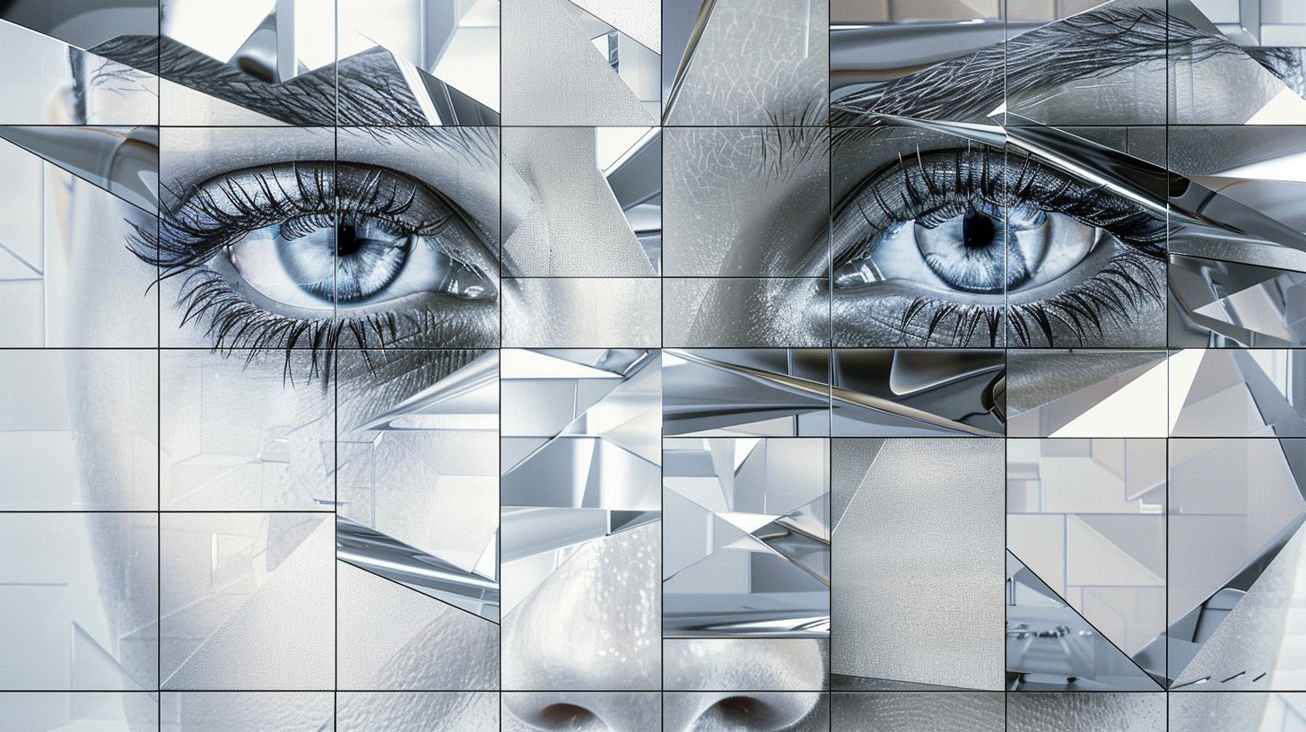 Prompt: A face made of geometric shapes, silver and white, a beautiful woman's eyes, symmetrical composition, hyperrealistic, high resolution, large format camera, front view, with a mirror texture on the surface. The background is a wall composed entirely from squares. It has reflective surfaces that enhance its metallic sheen. This creates an abstract art piece with sharp edges and reflections, creating depth in every detail.