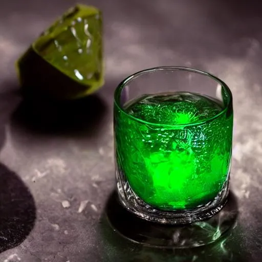 Prompt: silver gin with a glowing green stone on it
