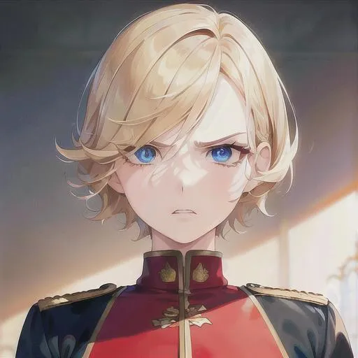 Prompt: (masterpiece, illustration, best quality:1.2), portrait, angry expression, mature look, eye bags under eyes, black eyelashes, short pixie style hair, blonde hair, blue eyes, all red German soldier uniform, best quality face, best quality, best quality skin, best quality eyes, best quality lips, ultra-detailed eyes, ultra-detailed hair, ultra-detailed, illustration, colorful, soft glow, 1 girl