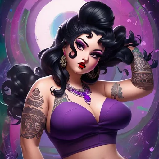 Prompt: {{{{highest quality full body splash art masterpiece}}}}, Chubby Pin-up woman, an annoyed grungy goth girl with a round face, {violet eyes}, {tribal tattoos},