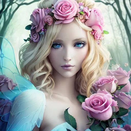 Prompt: fairy goddess, ethereal beauty, blonde, dreamscape, pink roses, facial closeup