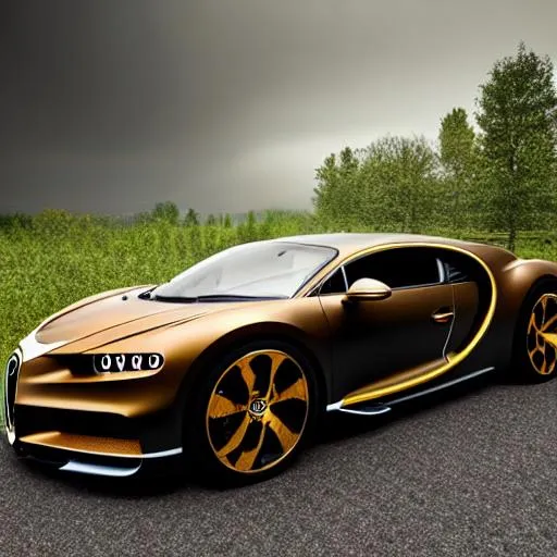 Prompt: bronze bugatti chiron, forest, thunder, lightning, storm, dark,  hyperrealistic, 8k