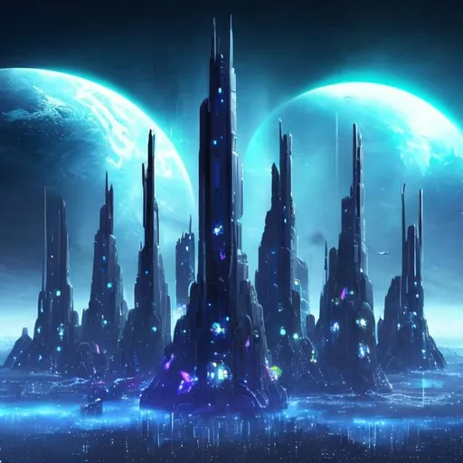 Prompt: Futuristic Tall black towers on deep dark ocean dark sky spaceships night lights hover ships dark tall city lots and lots of small floating ships hovering above clouds big planet with rings closeby spaceships hovering super tall mega skyscraper