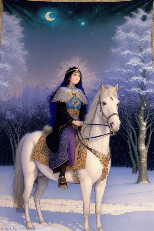 Prompt: Inlay Aubusson tapestry: a winter enchanted beautiful princess and her white horse, a whimsical village landscape background under a beautiful twilight night sky art by Carlos Schwabe, Edmund Dulac, Iris Scott, John Lowrie Morrison, Thomas Edwin Mostyn, Gustav Klimt, John Piper, William Timlin, John Bauer. 3/4 portrait, beautiful pastel aquarelle colours, crispy quality, cinematic smooth, polished finish, high quality, very clear resolution, blue, gold and rose tones, metallic glow