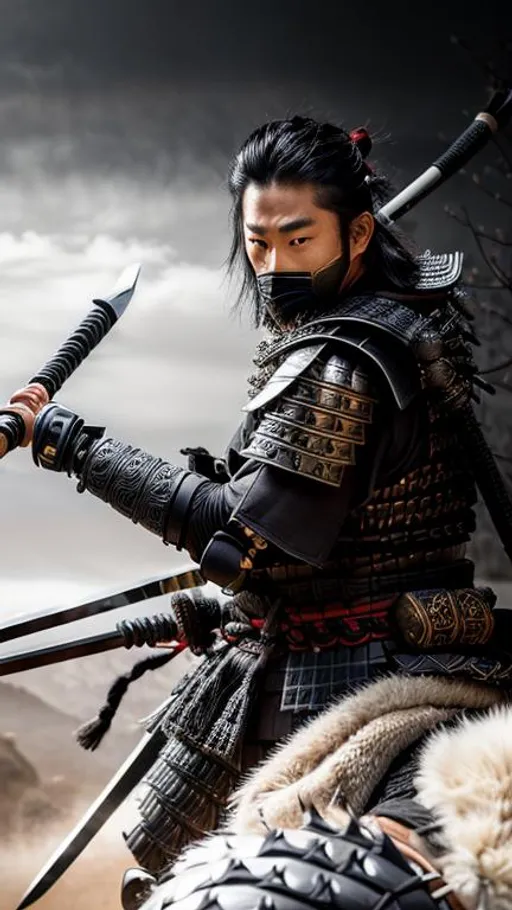 Prompt: Intricately detailed Samurai in Dark grey and Black Colored Samurai Armor, Wearing a Oni Mask on his face, Ronin, Photorealistic, Film Quality, Filmic, Hyperrealistic, Hyperdetailed, Japanese Aesthetic, Beautiful Sword Detail, Striking eyes, Inspired by a young Hiroyuki Sanada, dynamic lighting, Striking, Action pose, Movie Quality