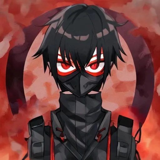 Prompt: Pyro  (black hair) (red eyes) wearing a gasmask