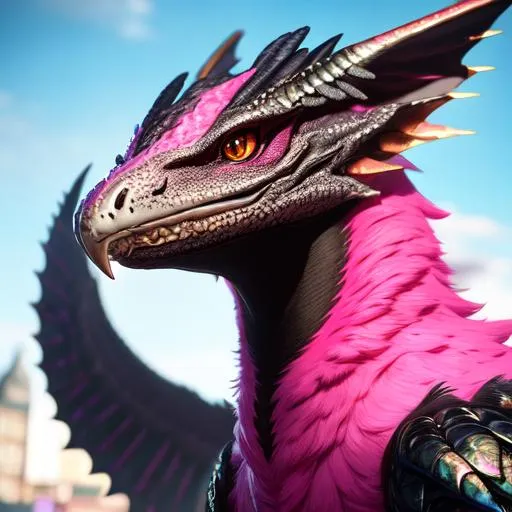 Prompt: Portrait of an anthro wyvern with striking pink fur and iridescent black markings and a cute face, liminal space streets, perfect composition, hyperrealistic, super detailed, 8k, high quality, trending art, trending on artstation, sharp focus, studio photo, intricate details, highly detailed, by greg rutkowski