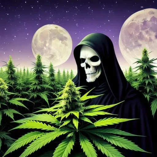 Prompt: Grim reaper in a field of cannabis plants, highly detailed, night scape, soft moonlight, close up angle