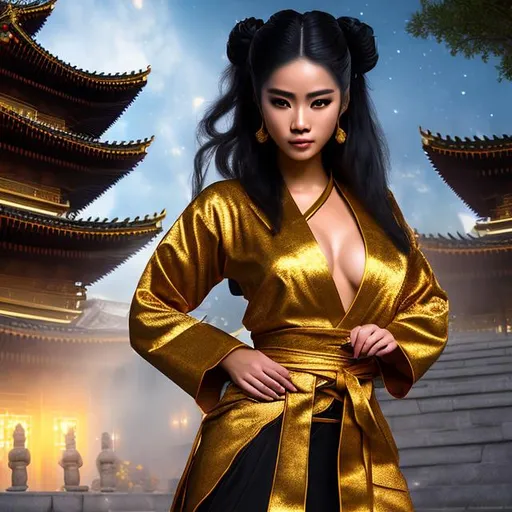 Prompt: create best quality photograph of beautiful female ninja who is standing in yard of most beautiful temple wearing all gold ninja style robes,  night and beautiful sky as background, detailed face, extremely detailed environment, extremely detailed background, extremely detailed skin, extremely detailed clothing, natural colors , professionally color graded, photorealism, 8k, realistic, moody lighting, galactic environment, volumetric lighting