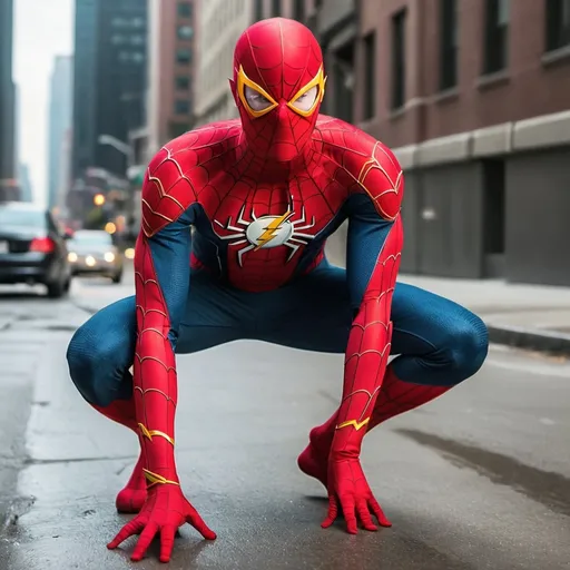 Prompt: A mix between Spider-Man and The Flash and make it a real life photo 