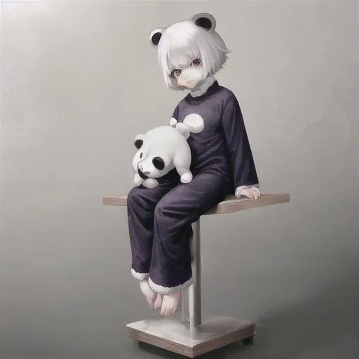 Prompt: Full body view, white haired, kid, Furry Panda Girl, sitting on a table in PJs
