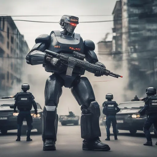 Prompt: a photograph robot police man with gun  fighting a big tank in a city