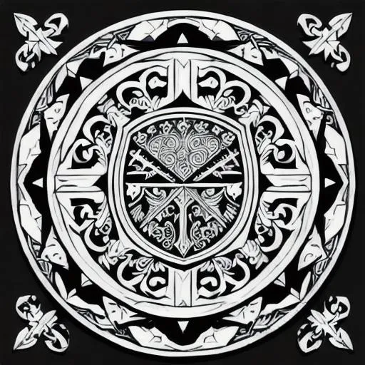 Prompt: a black and white coloring page of a wooden shield with intricate scrollwork