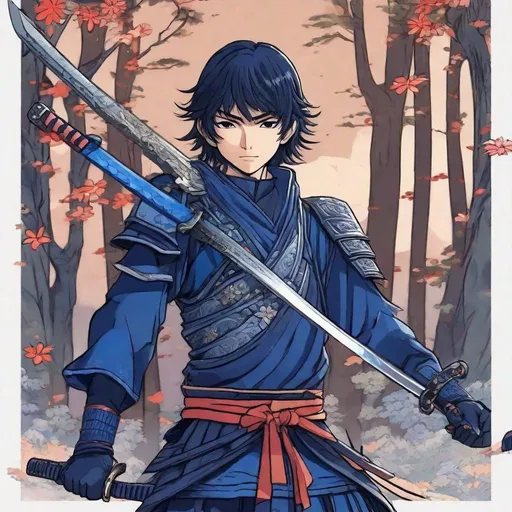 Prompt: A Cute human boy samurai in dark blue armor. He has two swords at the belt. In background a forest shrine. Anime art. Studio Mappa art. 2d. 2d art. Well draw face. Detailed. 