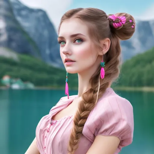 Prompt: professional modeling photo live action human woman hd hyper realistic beautiful norwegian  woman auburn pigtails fair skin green eyes beautiful face traditional Norwegian pink and teal dress with jewelry enchanting norwegian castle in summer hd background with live action lake 