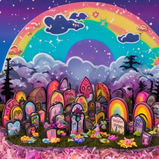 Prompt: Lisa frank style graveyard diorama