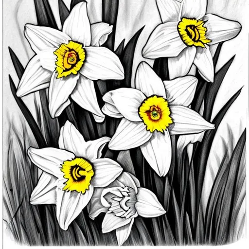 Prompt: Daffodil drawing BLACK AND WHITE FOR COLORING BOOK